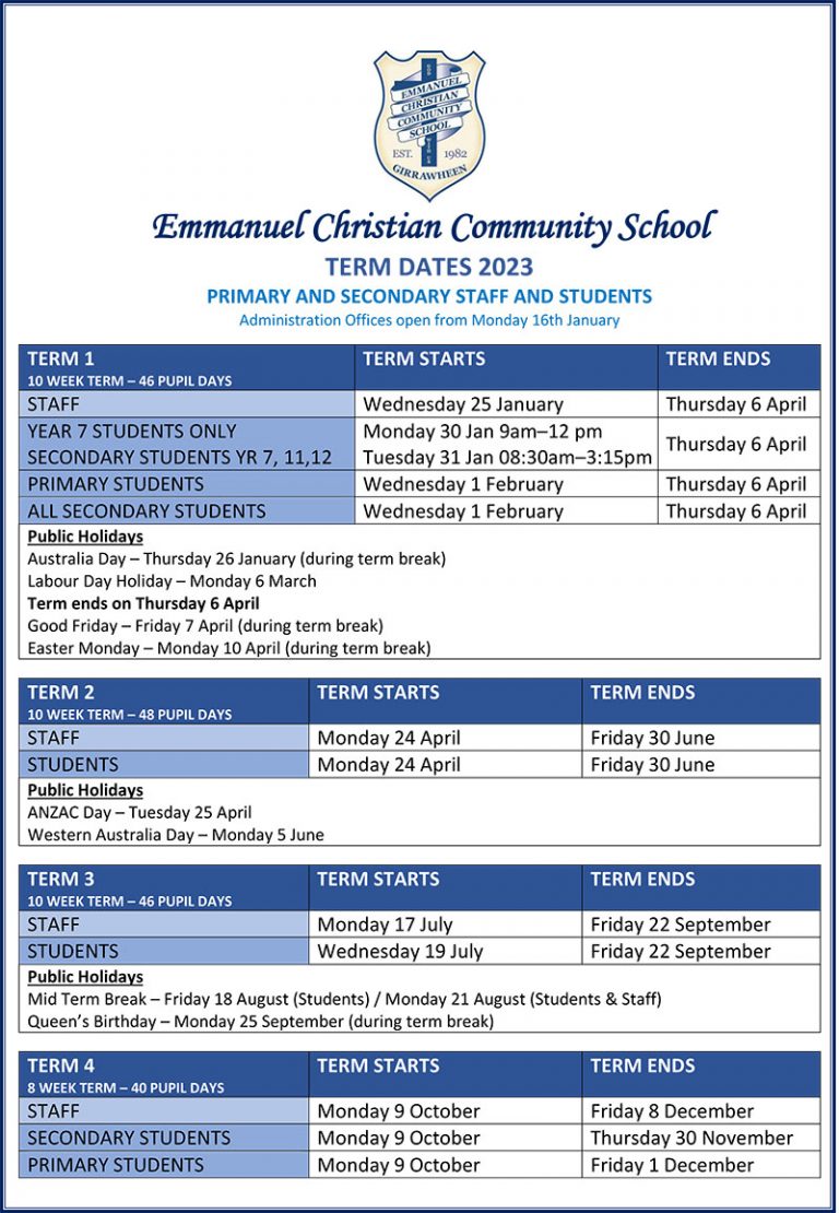 2023 Term Dates Emmanuel Christian Community School